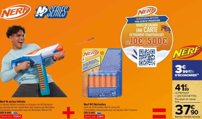 NERF LE PISTOLET + LES FLÉCHETTES - Le blaster Infinite possède un chargeur de 40 fléchettes qui permet de tirer rapidement des dizaines de fléchettes. Compatible uniquement avec les fléchettes NSeries N1. Dès 8 ans.