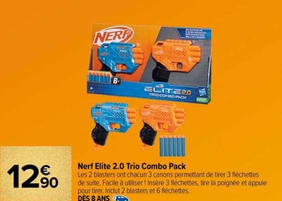 NERF Nerf Elite 2.0 Trio Combo Pack - Les 2 blasters ont chacun 3 canons permettant de tirer 3 fléchettes de suite. Facile à utiliser ! Insère 3 fléchettes, tire la poignée et appuie pour tirer. Inclut 2 blasters et 6 fléchettes. Dès 8 ans.