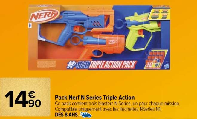 NERF Pack Nerf N Series Triple Action - Ce pack contient trois blasters N Series, un pour chaque mission. Compatible uniquement avec les fléchettes NSeries N1. Dès 8 ans.