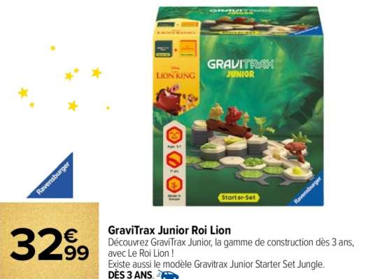 RAVENSBURGER GraviTrax Junior Roi Lion - Découvrez GraviTrax Junior, la gamme de construction dès 3 ans, avec Le Roi Lion ! 
Existe aussi le modèle Gravitrax Junior Starter Set Jungle. Dès 3 ans.