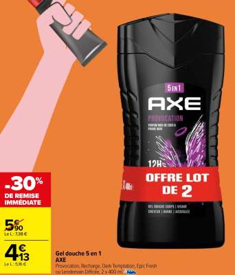 AXE Gel douche 5 en 1 - Provocation, Recharge, Dark Temptation, Epic Fresh ou Lendemain Difficile, 2 x 400 ml.