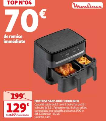 Friteuse Sans Huile Moulinex - Capacité totale de 8.3 l soit 2 tiroirs l'un de 3.1 l et l'autre de 5.2 l, 7 programmes, tiroirs et grilles compatibles lave vaisselle, puissance 2700 w
Réf. EZ901H20 - 637137
Garantie 2 ans