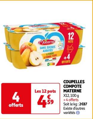 Coupelles Compote Materne - X12, 100 g + 4 offerts