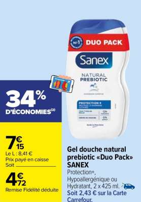 SANEX Gel douche Natural Prebiotic "Duo Pack" - Protection+, Hypoallergénique ou Hydratant, 2 x 425 ml.