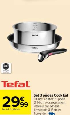 TEFAL Set 3 pièces Cook Eat - En inox. Contient : 1 poêle Ø 24 cm avec revêtement intérieur anti adhésif, 1 casserole Ø 18 cm et 1 poignée.