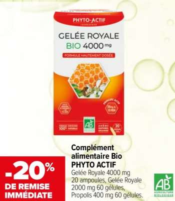 PHYTO ACTIF Complément alimentaire Bio - Gelée Royale 4000 mg 20 ampoules, Gelée Royale 2000 mg 60 gélules, Propolis 400 mg 60 gélules.