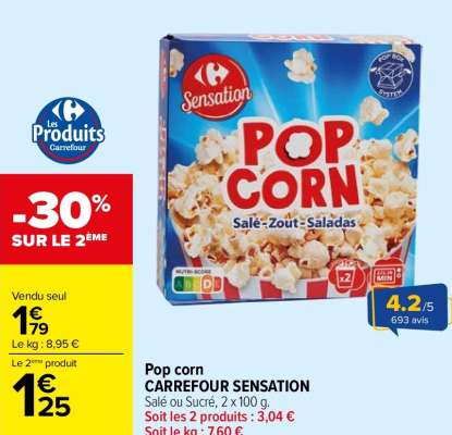 CARREFOUR SENSATION Pop corn - Salé ou Sucré, 2 x 100 g.