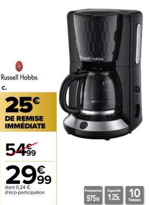 RUSSELL HOBBS Cafetière filtre - Ref : 27011-56.  • Effet nid d'abeille
• Maintien au chaud avec arrêt de sécurité au bout de 40 min
• Technologie WhirlTech exclusive pour une meilleure extraction du café