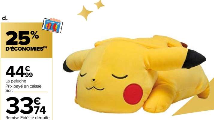 Peluche Pikachu endormi 40 cm - Super douce, elle est la réplique parfaite de Pikachu de la saga, un véritable doudou à câliner. Dès 2 ans.