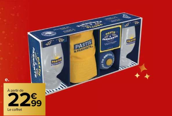 Pastis et farniente - Vous prendrez bien un petit pastis au soleil ! Dans ce coffret, retrouvez le parfait « Pastis pack » direction le sud et son farniente : 2 verres à pastis, 1 sonnette pour appeler les copains à l’apéro, 1 bob « Pastis & farniente », pour trinquer avec style et un livret de recettes de cocktails au pastis et d’amuse-bouches à partager entre copains ! À partir de