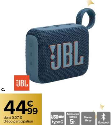 JBL Enceinte sans fil - Ref : GO4 BLU.  . Style audacieux et design ultra-portable
. Son pro JBL original
. Conception étanche à l'eau et à la poussière certifiée IP67