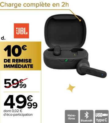 JBL Écouteurs sans fil - Ref : JBL-VIBE FLEX.  • 8h d'autonomie + 24 h avec le boîtier
• Etanchéité norme IPX2
• Compatible assistants vocaux