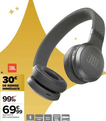 JBL Casque sans fil - Ref : JBLLIVE460NCBLK.  • Réduction de bruit active
• Charge rapide : 10min de charge pour 4h d'écoute
• Contrôlez vos assistants vocaux