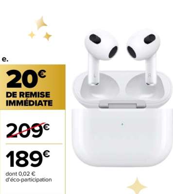 APPLE APPLE AIRPODS 3RD GEN - Ref : MME73ZM/A.  AirPods (3ème génération)
• Audio spatial personnalisé
• Résistance à l’eau et à la transpiration
• Jusqu’à 6 h d’écoute sur une seule charge