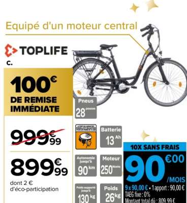 TOPLIFE Vélo électrique - Ref : E8000 MM.  • Equipé d'un moteur central
• Moteur Moyeu arrière 250W
• Batterie lithium 36V / 13Ah
• 7 Vitesses