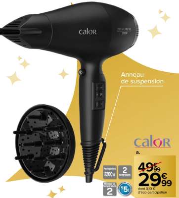 CALOR Sèche cheveux Compact Pro+ - Ref : CV6933C0.  • Moteur AC haute performance pour une durée de vie prolongée
• Concentrateur fin 6 mm, diffuseur 
• Touche air froid pour fixer votre coiffure
• Revêtement en tourmaline, apporte brillance et effet antistatique