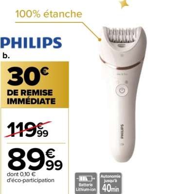 PHILIPS Epilateur Séries 8000 - Ref : BRE730/10.  • 32 disques en céramique pour plus de confort
• Temps de charge 2h
• Embout supplémentaire pour traiter les zones sensibles