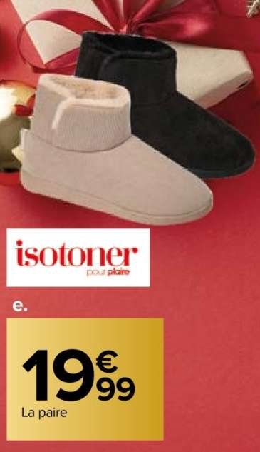 ISOTONER Pantoufle adulte - Dessus, doublure et première textile. Semelle synthétique. Différents modèles et coloris. Du 36 au 46 selon modèle. Existe modèle ballerine : 16,99 € et autre modèle femme à plateforme 22,99 €.