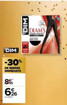 DIM Collant "Diam's" Jambes Fuselées Opaque Satiné - 96% polyamide - 4% élasthanne. Noir. Tailles 2 à 4. Existe aussi en Collant "Diam's" Jambes Fuselées Semi-Opaque. Tailles 1 à 3 : 8,59 € -30% de remise immédiate soit 6,01 €.