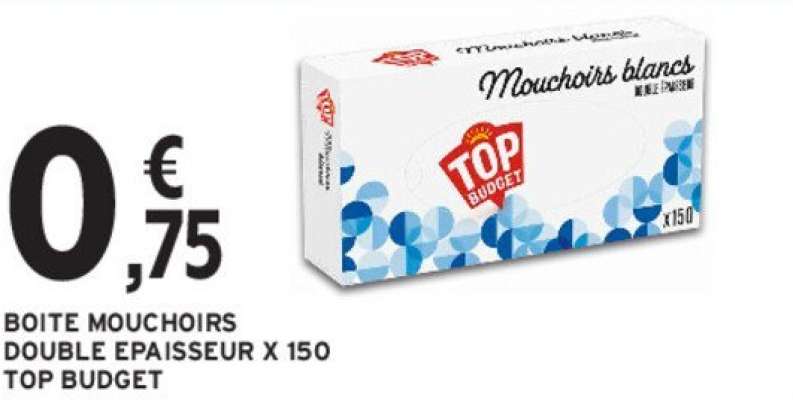 TOP BUDGET BOITE MOUCHOIRS DOUBLE EPAISSEUR X 150