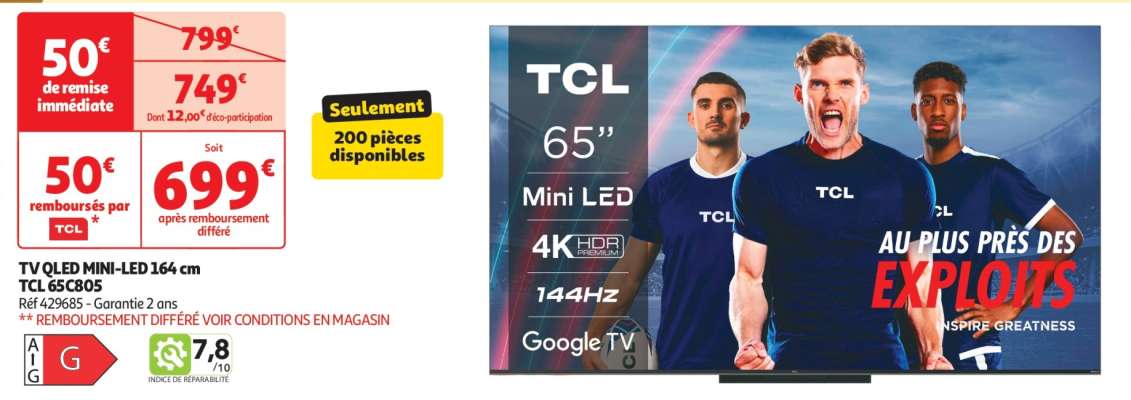 Tv Qled Mini-Led 164 Cm Tcl 65C805 - Réf 429685
Garantie 2 ans