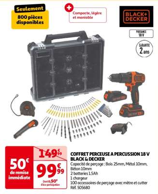 Coffret Perceuse A Percussion 18 V Black & Decker - Capacité de perçage : Bois 25mm, Métal 10mm, Béton 10mm
2 batteries 1.5Ah
1 chargeur
100 accessoires de perçage avec mètre et cutter
Réf. 505680