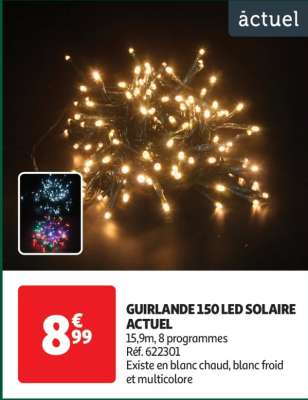 Guirlande 150 Led Solaire Actuel - 15,9m, 8 programmes
Réf. 622301
Existe en blanc chaud, blanc froid et multicolore