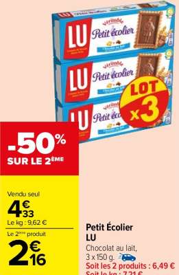 LU Petit écolier - Chocolat au lait, 3 x 150 g.