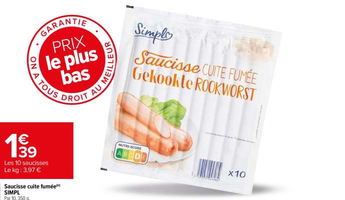 SIMPL Saucisse cuite fumée - Par 10, 350 g. ORIGINE UNION EUROPÉENNE