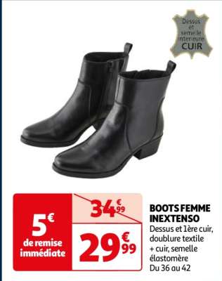 Boots Femme Inextenso - Dessus et 1ère cuir, doublure textile + cuir, semelle élastomère
Du 36 au 42