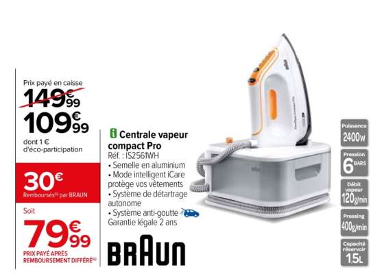 BRAUN Centrale vapeur compact Pro - Ref : IS2561WH.  • Semelle en aluminium
• Mode intelligent iCare protège vos vêtements
• Système de détartrage autonome
• Système anti-goutte