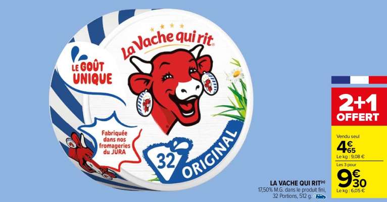 LA VACHE QUI RIT - 17,50% M.G. dans le produit fini, 32 Portions, 512 g. ORIGINE FRANCE