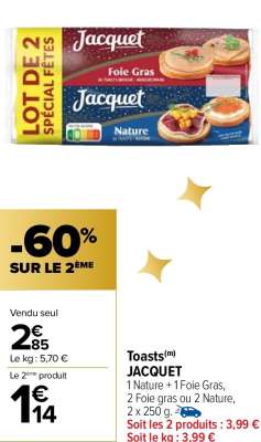 JACQUET Toasts - 1 Nature + 1 Foie Gras, 2 Foie gras ou 2 Nature, 2 x 250 g. FABRIQUÉ EN FRANCE