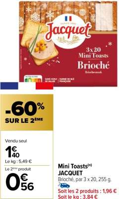 JACQUET Mini Toasts - Brioché, par 3 x 20, 255 g. ORIGINE FRANCE