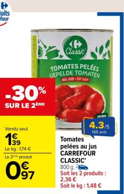 CARREFOUR CLASSIC' Tomates pelées au jus - 800 g.