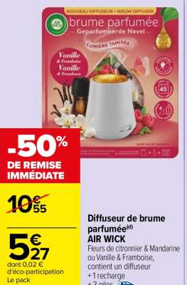 AIR WICK Diffuseur de brume parfumée - Fleurs de citronnier & Mandarine ou Vanille & Framboise, contient un diffuseur + 1 recharge + 3 piles.