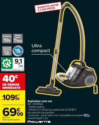 Rowenta Aspirateur sans sac - Ref : RO2915EA.  . Position parking 
. Filtration à 3 niveaux qui capture plus de 99.98 % des particules de poussière 
. Accessoire : suceur fente 2-en-1 convertible en brossette