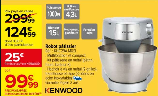 Kenwood Robot pâtissier - Ref : KHC29A.M0SI.  . Multifonction et compact
. Kit pâtisserie en métal (pétrin, fouet, batteur K)
. Hachoir à vis en métal (2 grilles), trancheuse et râpe (3 cônes en acier inoxydable)