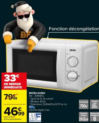 MEDEK Micro-ondes - Ref : 20MX80-L.  * Signal de fin de cuisson
* Minuteur 30min
* Dimensions 25.8Hx45.1Lx32.7P en cm