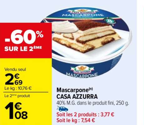 CASA AZZURRA Mascarpone - 40% M.G. dans le produit fini, 250 g. ORIGINE ITALIE