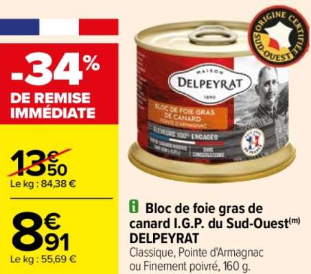 DELPEYRAT Bloc de foie gras de canard I.G.P. du Sud-Ouest - Classique, Pointe d'Armagnac ou Finement poivré, 160 g. ORIGINE FRANCE