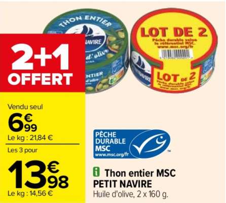 PETIT NAVIRE Thon entier MSC - Huile d'olive, 2 x 160 g.