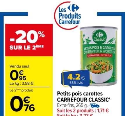 CARREFOUR CLASSIC' Petits pois carottes - Extra-fins, 265 g.