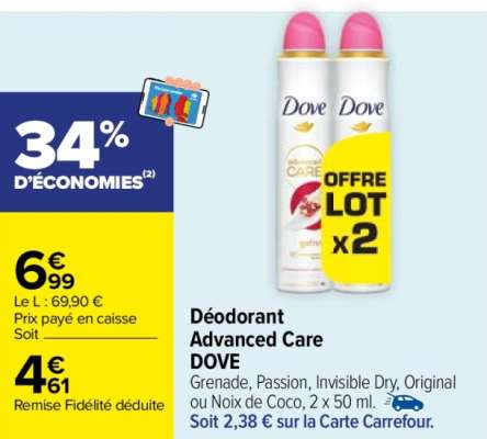 Dove Déodorant Advanced Care - Grenade, Passion, Invisible Dry, Original ou Noix de Coco, 2 x 50 ml.