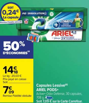 ARIEL PODS+ Capsules Lessive - Active+ Odor Defense, 30 capsules, 708 g.