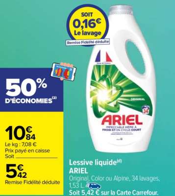 ARIEL Lessive liquide - Original, Color ou Alpine, 34 lavages, 1,53 L.