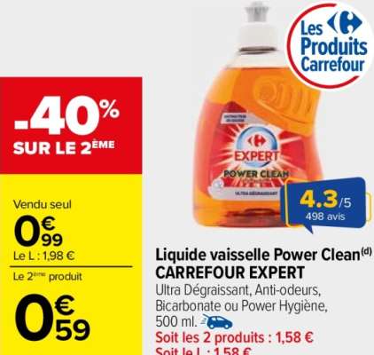 CARREFOUR EXPERT Liquide vaisselle Power Clean - Ultra Dégraissant, Anti-odeurs, Bicarbonate ou Power Hygiène, 500 ml.