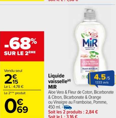 MIR Liquide vaisselle - Aloe Vera & Fleur de Coton, Bicarbonate & Citron, Bicarbonate & Orange ou Vinaigre au Framboise, Pomme, 450 ml.