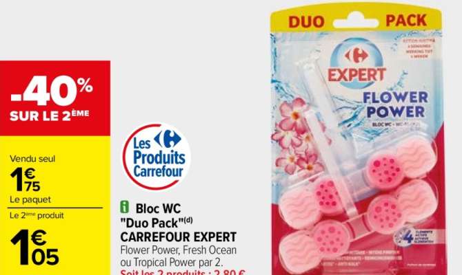 CARREFOUR EXPERT Bloc WC "Duo pack" - Flower Power, Fresh Ocean ou Tropical Power par 2.