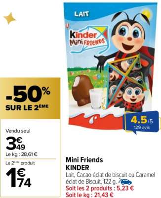 KINDER Mini Friends - Lait, Cacao éclat de biscuit ou Caramel éclat de Biscuit, 122 g.